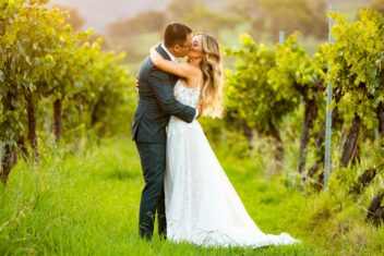 Bride and groom kissing in vineyard at sunset