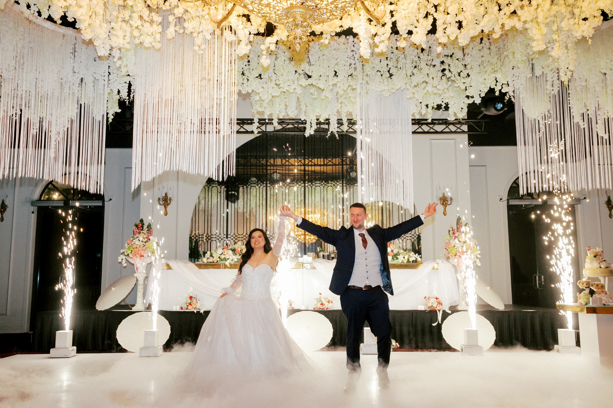 Bride and groom grand entrance with sparklers