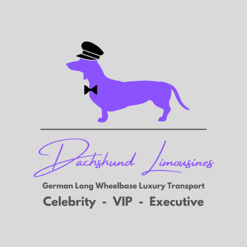 Purple dachshund logo with hat and bow tie