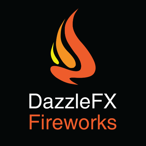 DazzleFX Fireworks logo with orange flame icon