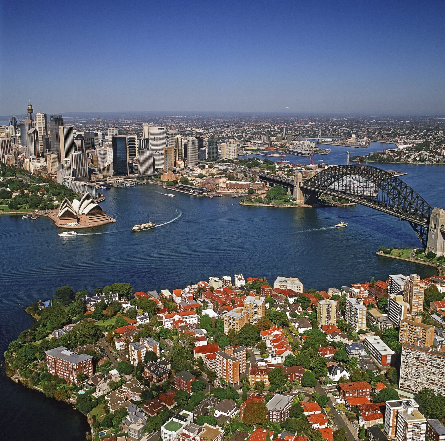 australia, sydney, aerial view of city and bay