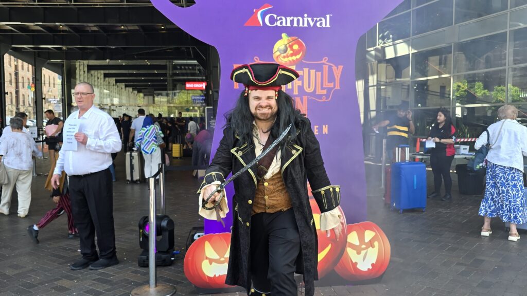 Master ceremony, ​Nathan Cassar dressed as Pirate performer at Carnival Halloween cruise event